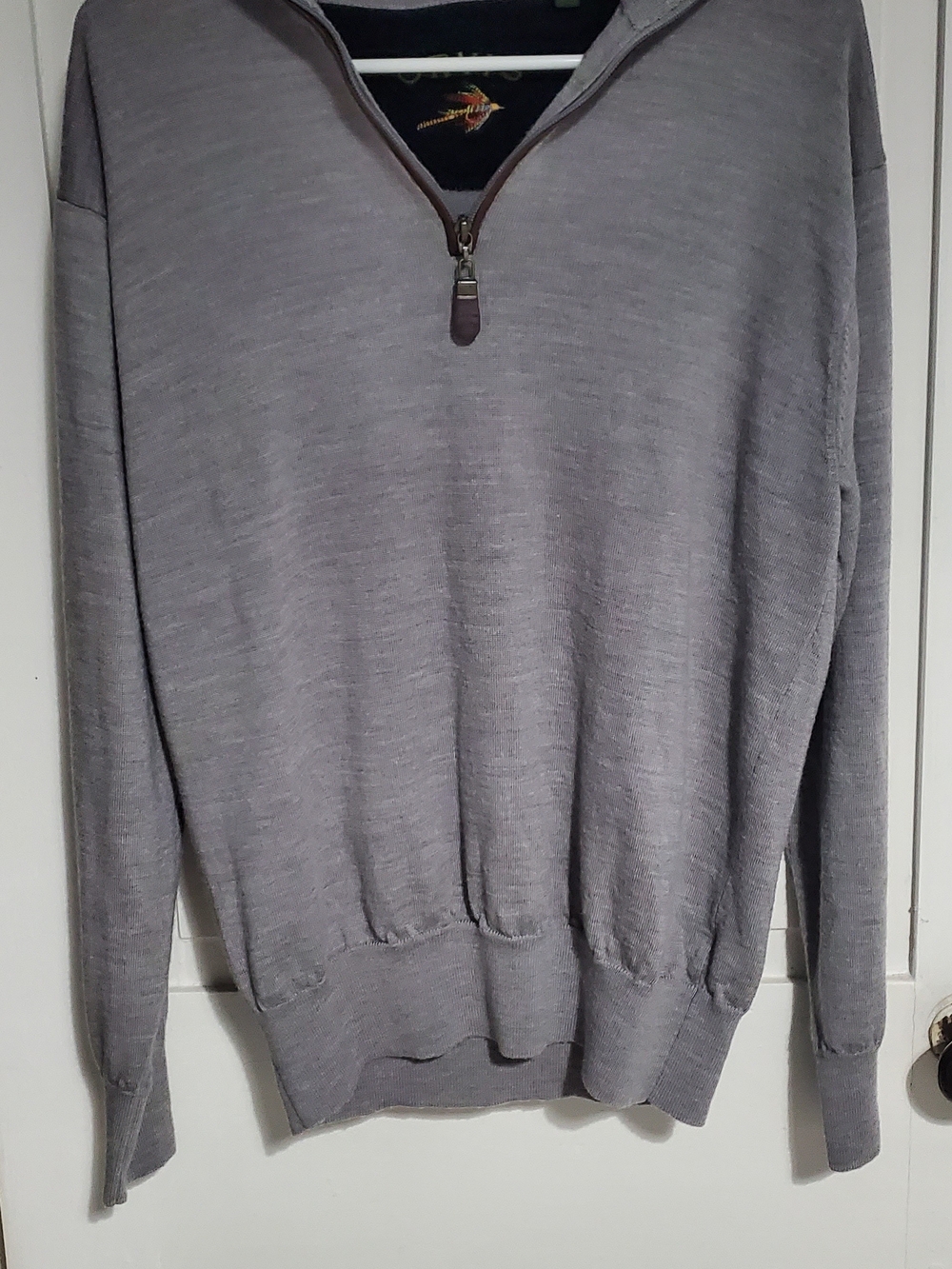 Orvis Men's Gray 100% Merino Wool Quarter-Zip Pullover Sweater Fly Fishing Print